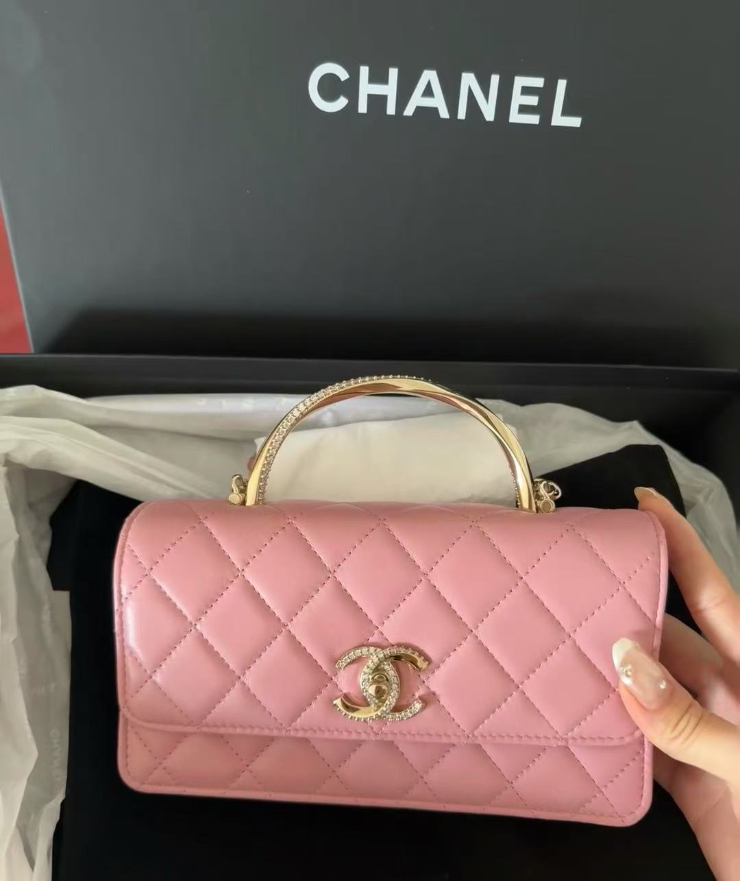 95新 Chanel/香奈儿 GGS香奈儿25c水钻手柄woc粉色金扣49031821