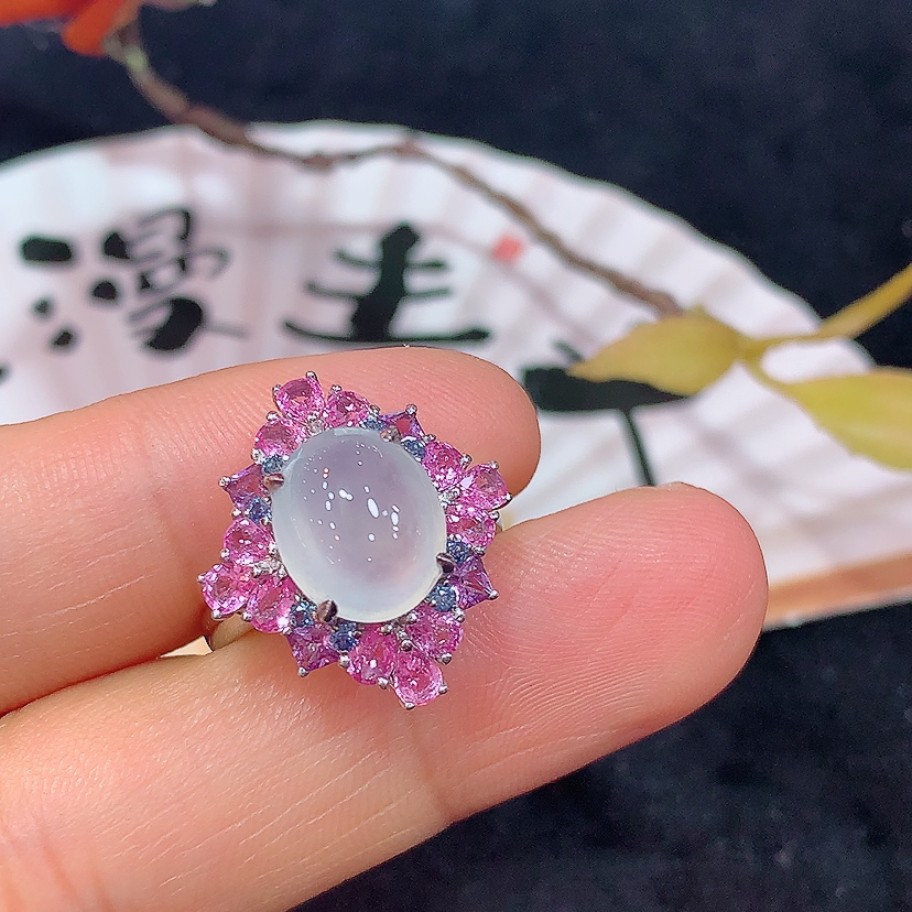 18k金天然A货翡翠蛋面戒指时尚简约气质款