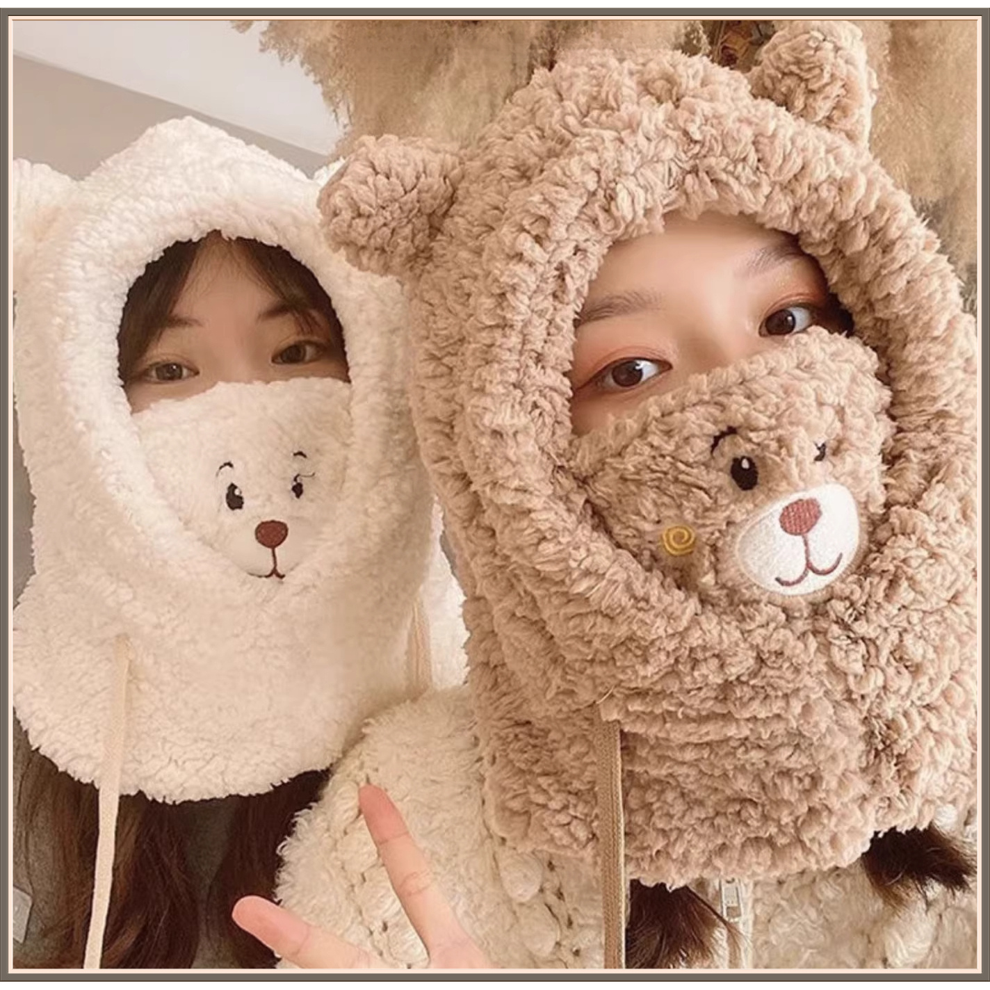 小熊帽子可爱围巾口罩连帽女防风保暖一体护耳帽秋冬季毛绒围脖Z