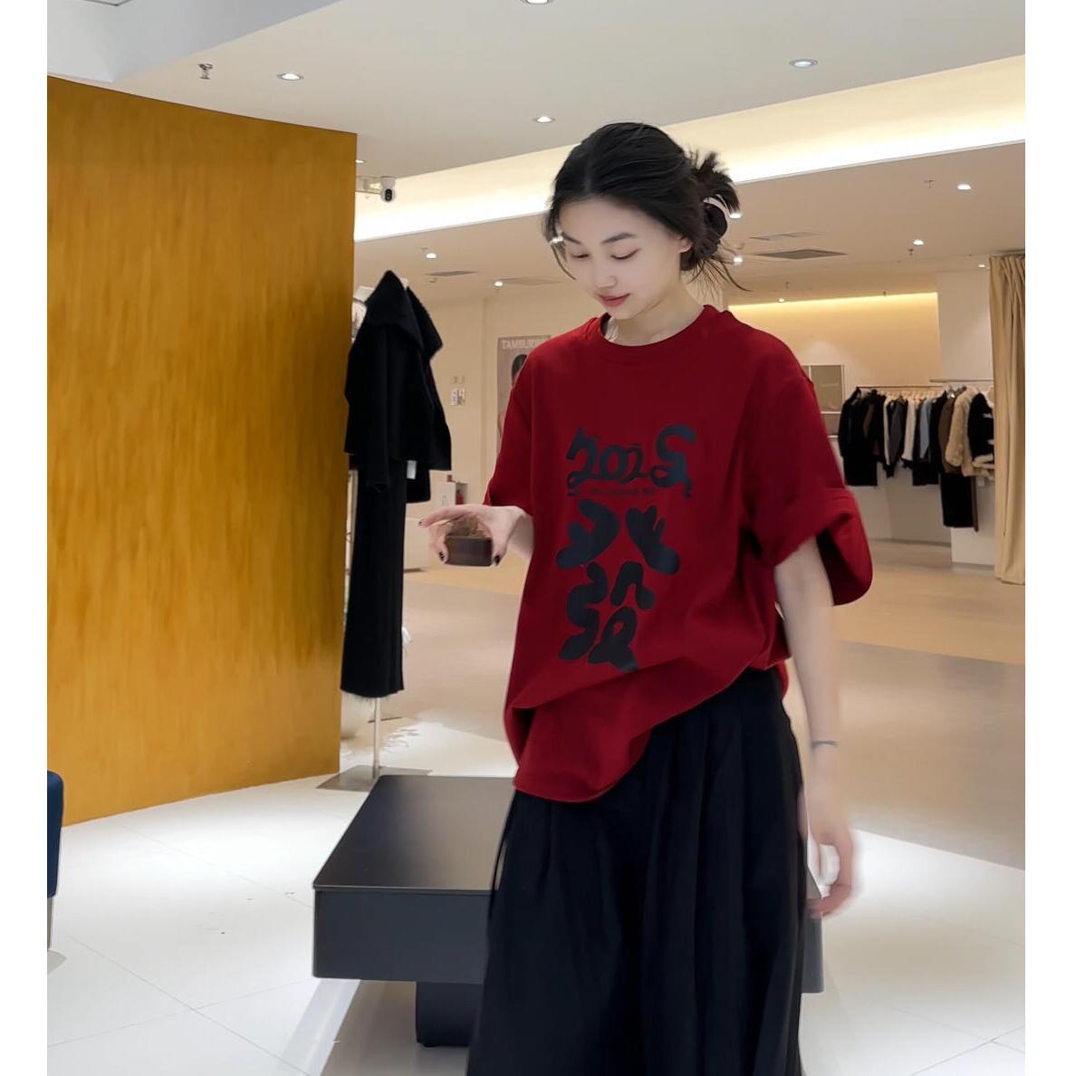 新年红色印花t恤女慵懒宽松短袖上衣2026春夏新款韩版女装设计感
