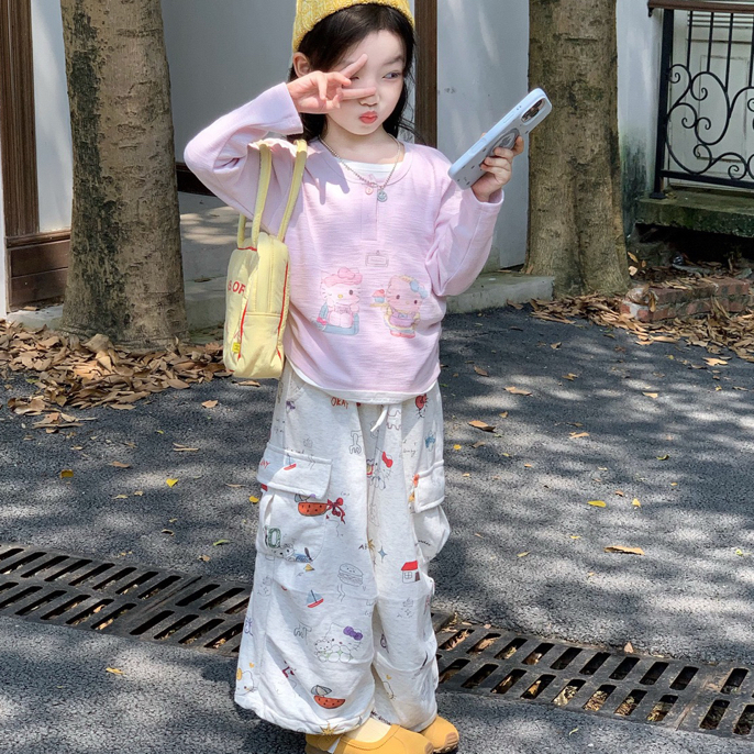 2025秋季新款 女童洋气卡通打底衫+休闲工装裤两件套儿童长袖套装