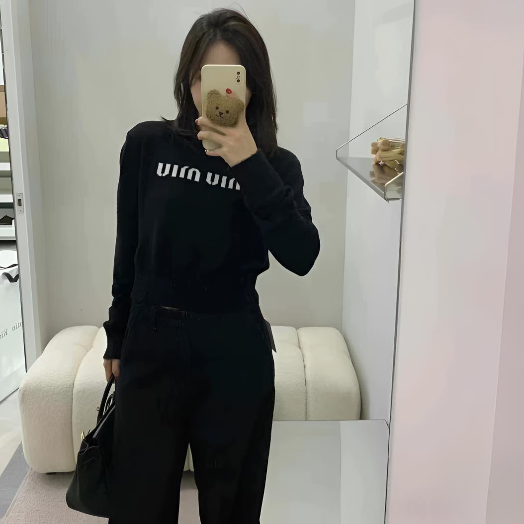 99新 MIU MIU/缪缪 2510217/40码/纯色字母Logo刺绣圆领针织卫衣
