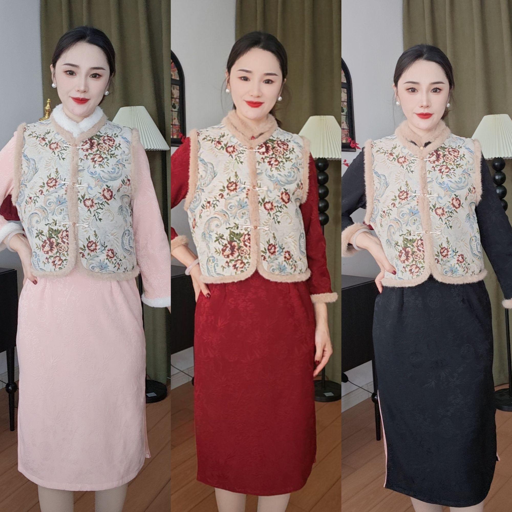 冬0008-（晨曦）新款新中式短款马甲加厚外套雪尼尔织花冬加棉套装