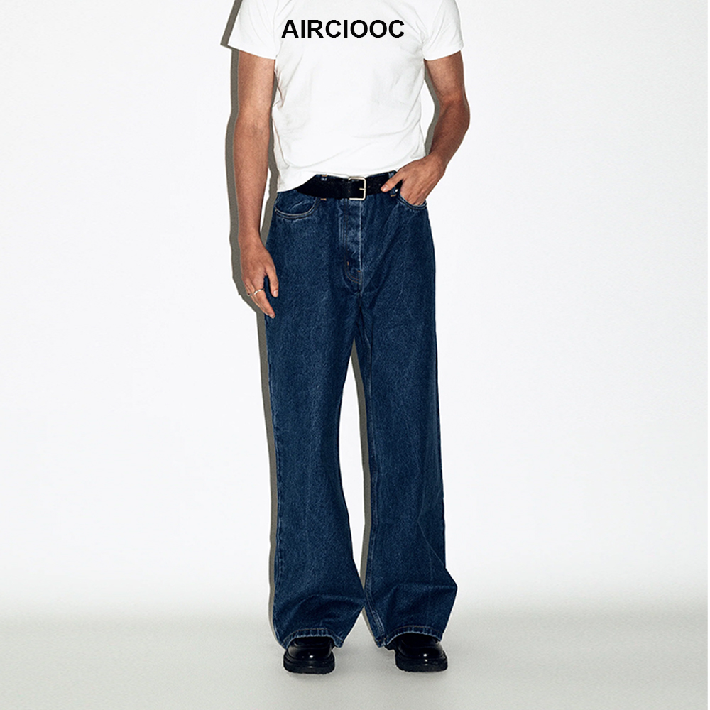 AIRCIOOC法工蓝宽松蓝牛仔裤弹力水洗直筒A字做旧水洗工装裤原牛