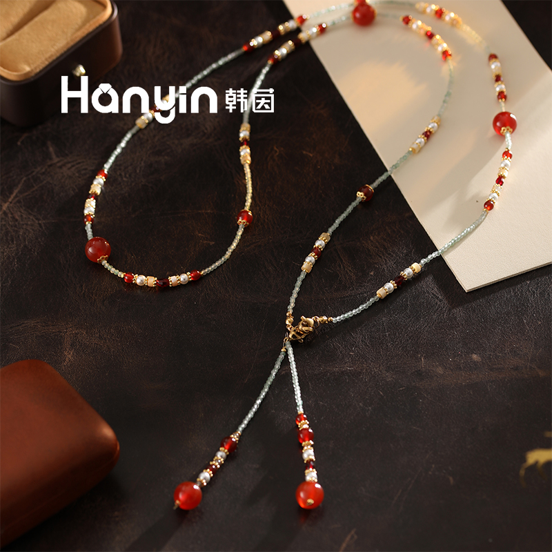 92+9cm 10/4mm红玛瑙尖晶石贝壳珠珠流苏毛衣项链