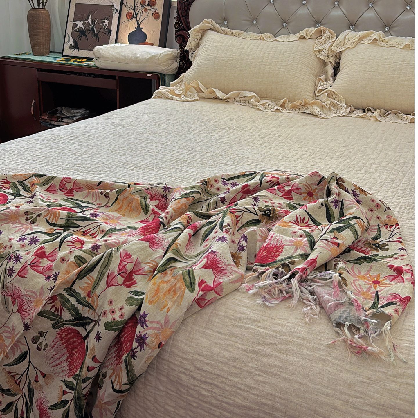 棉麻床盖枕套三件套  法式双花边