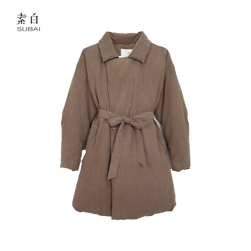 素白冬季简约【云柔】R02078纯色中长款系带收腰气质保暖鹅绒服