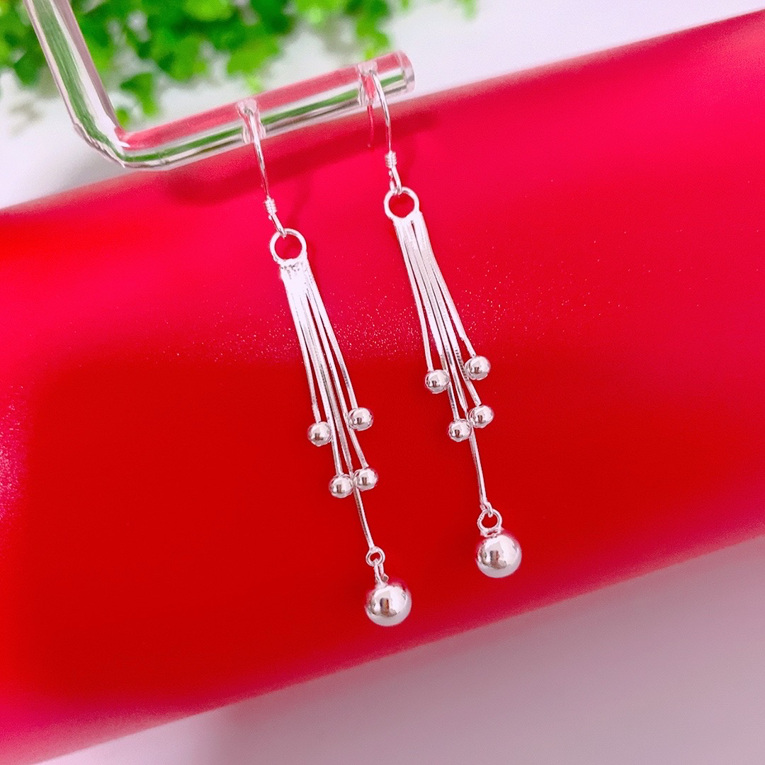 足银耳饰 足银耳钩5长款连珠耳坠好运连连款气质优雅大方时尚百搭