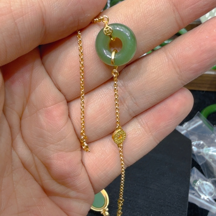 和田玉（碧玉）手链银S925镀金镶嵌