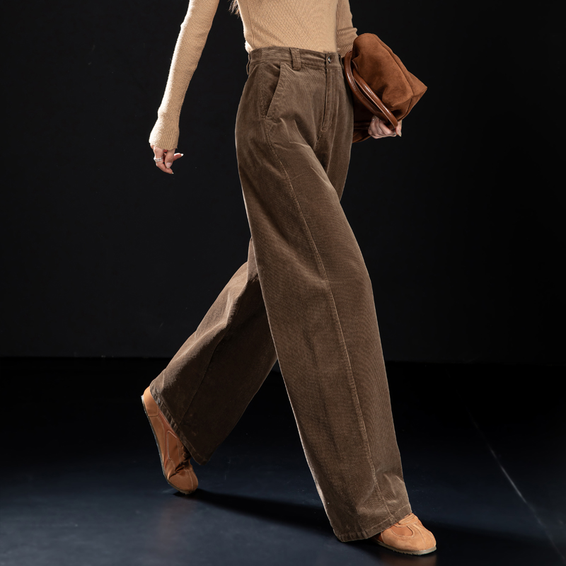咖啡色灯芯绒裤子女2025新款秋冬哈伦条绒裤宽松休闲裤阔腿弯刀裤