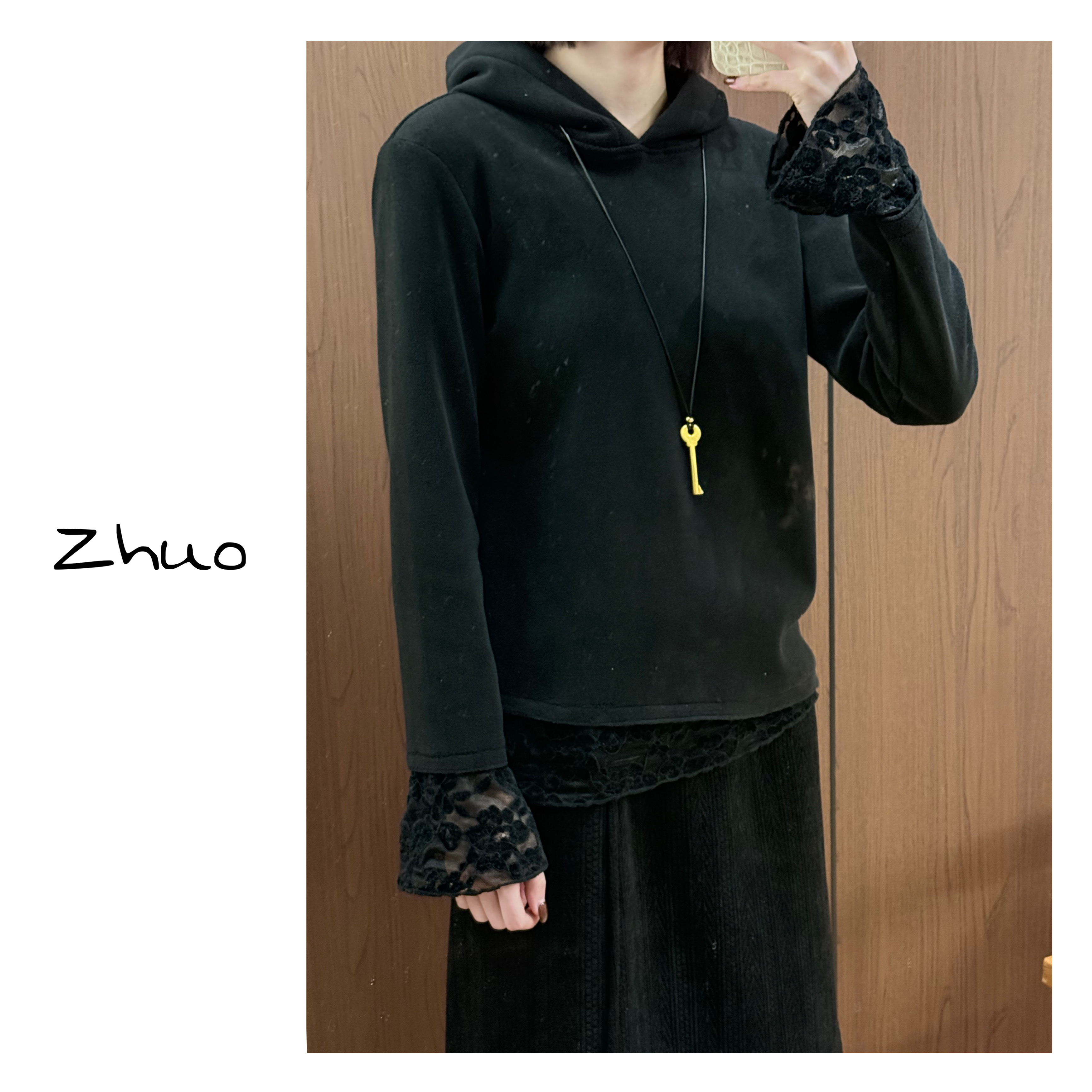 Zoe 原创【连帽钢琴师】冬季保暖加绒加厚百搭蕾丝拼接连帽卫衣外套