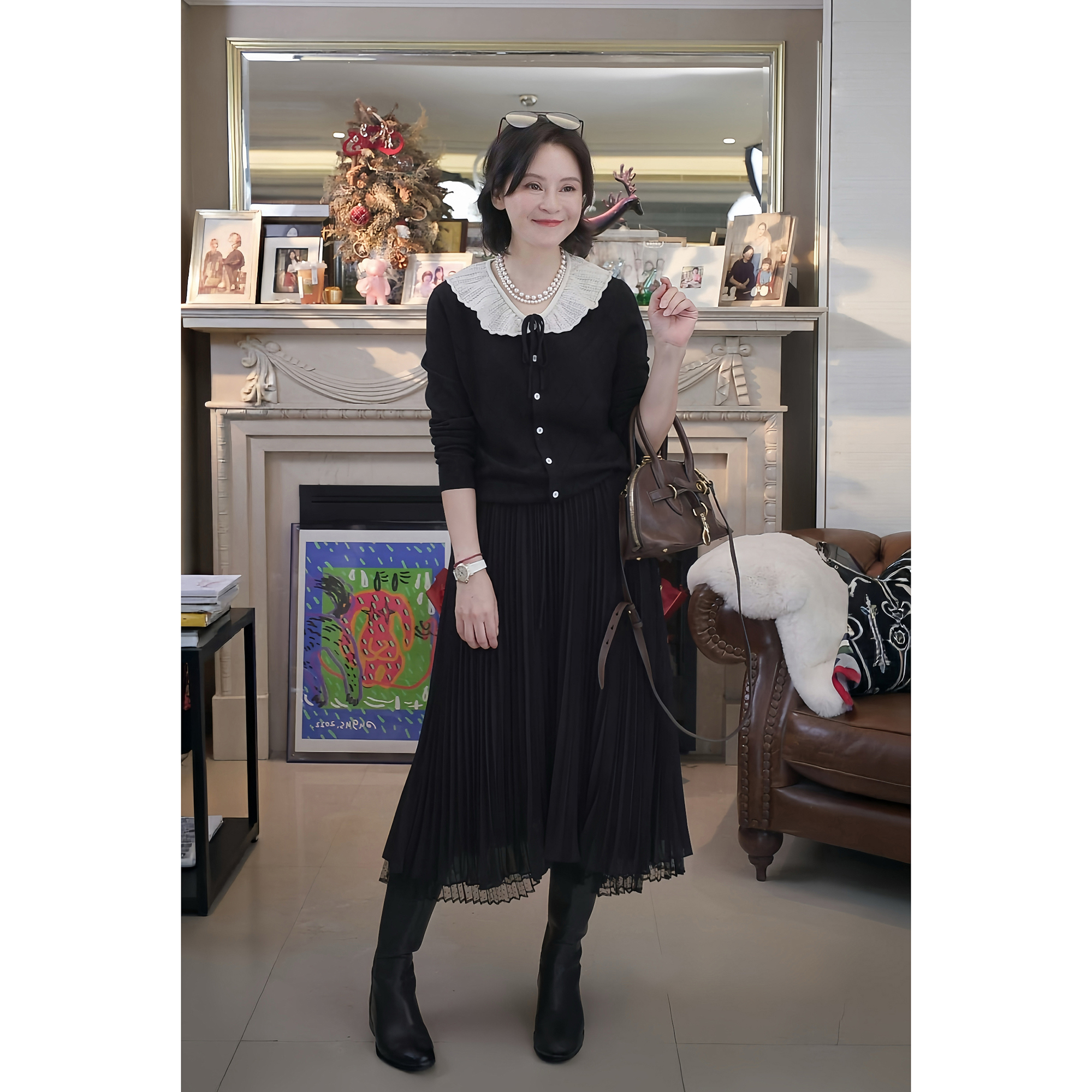 我是摩羯 又见巴黎 100绵羊毛14针机织花边领蝴蝶系带秋冬针织衫