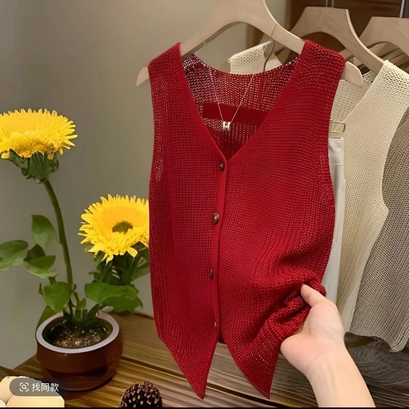 1小香风冰丝糖果色背心显瘦设计感少女风复古通勤外搭针织衫