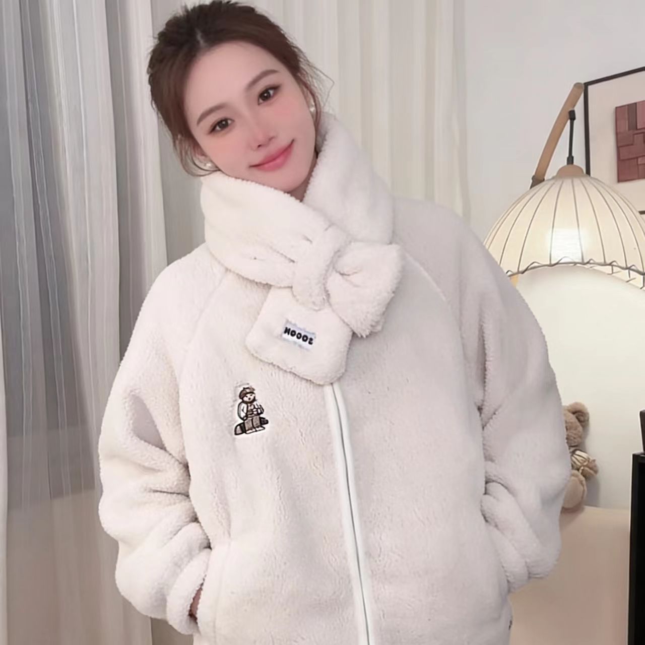 冬季维尼小熊舒棉绒睡衣拉链立领带围巾暖气房舒适女长袖套装3077