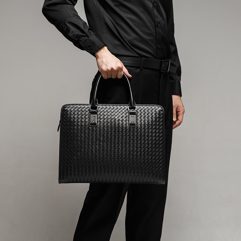 X&BV男士手提包商务真皮大容量青年横款编织男包公文包单肩斜挎包