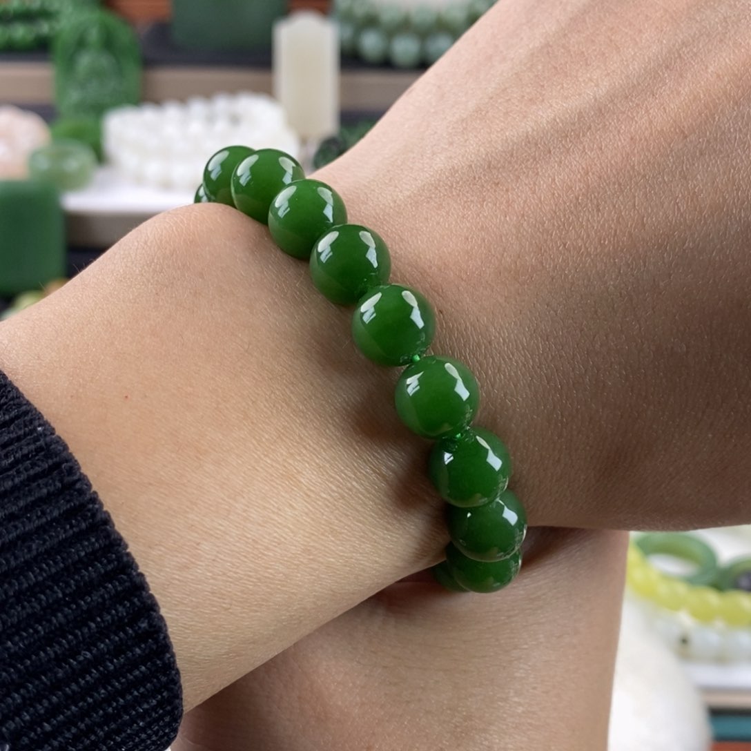 和田玉手串未镶嵌定制卡10阳绿俄碧手串19颗高品