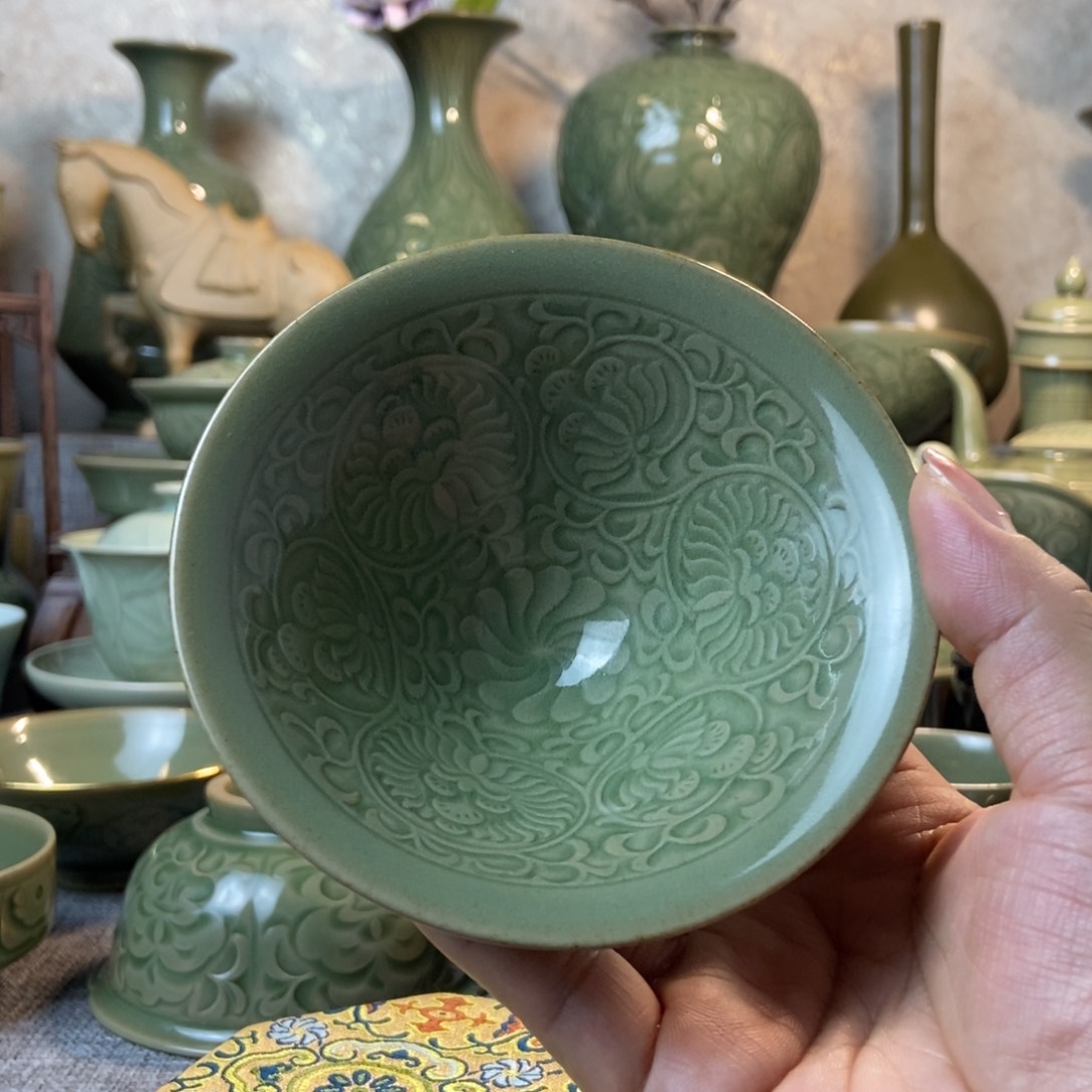 耀州窑团菊斗笠2只