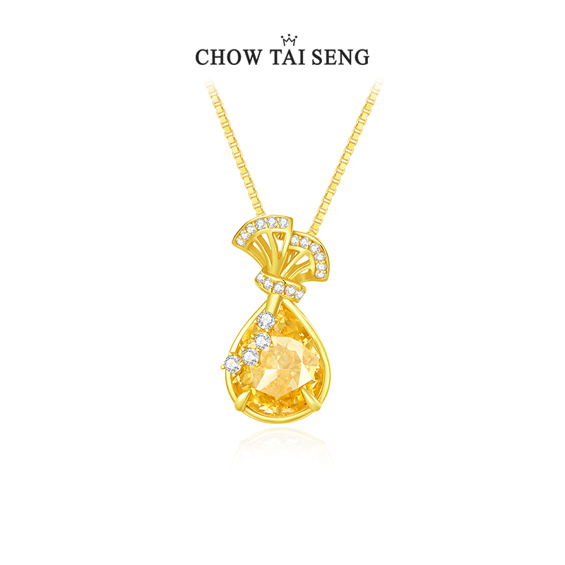 周大生金钱袋福袋项链套链吊坠颈饰轻奢金色饰品首饰送女友