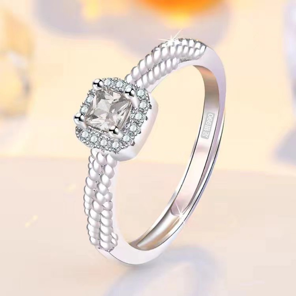 足银合成锆石戒指 小方糖足银戒指气质轻奢经典镶嵌可调节精致