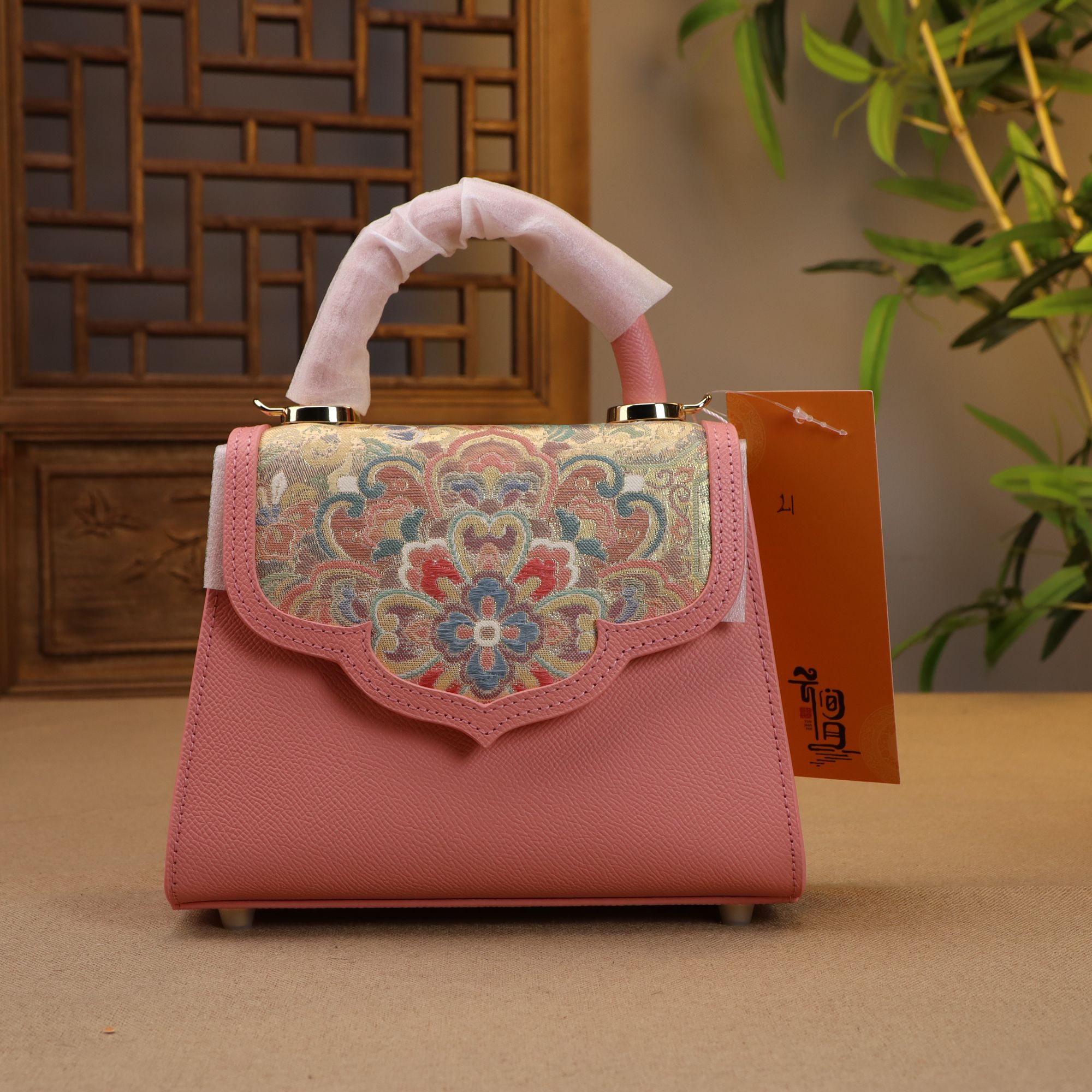 唐锦新中式复古粉色如意包牛皮手提包时尚单肩斜挎包