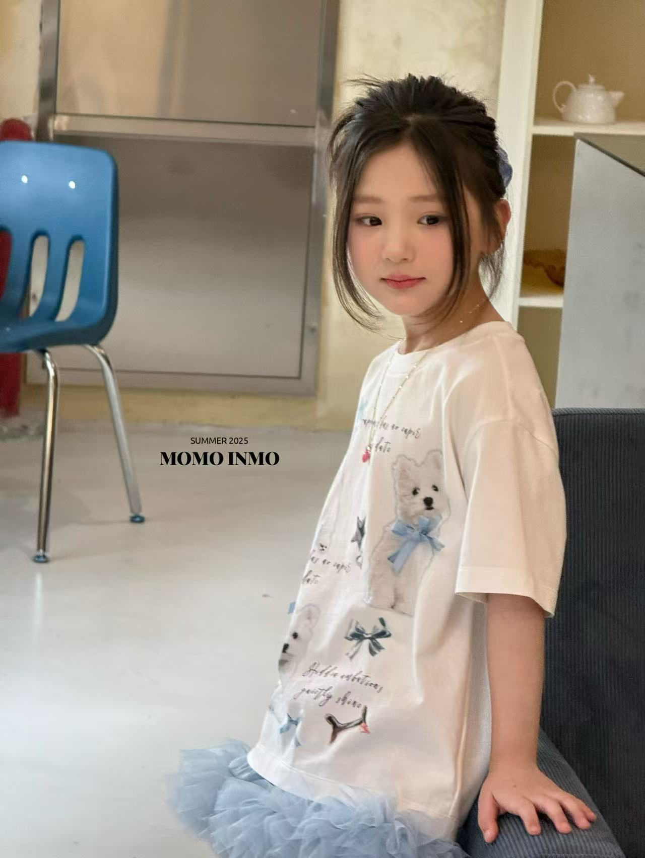 吸汗街头风短袖蝴蝶结落肩袖T恤卡通夏装宽松半袖儿童女童