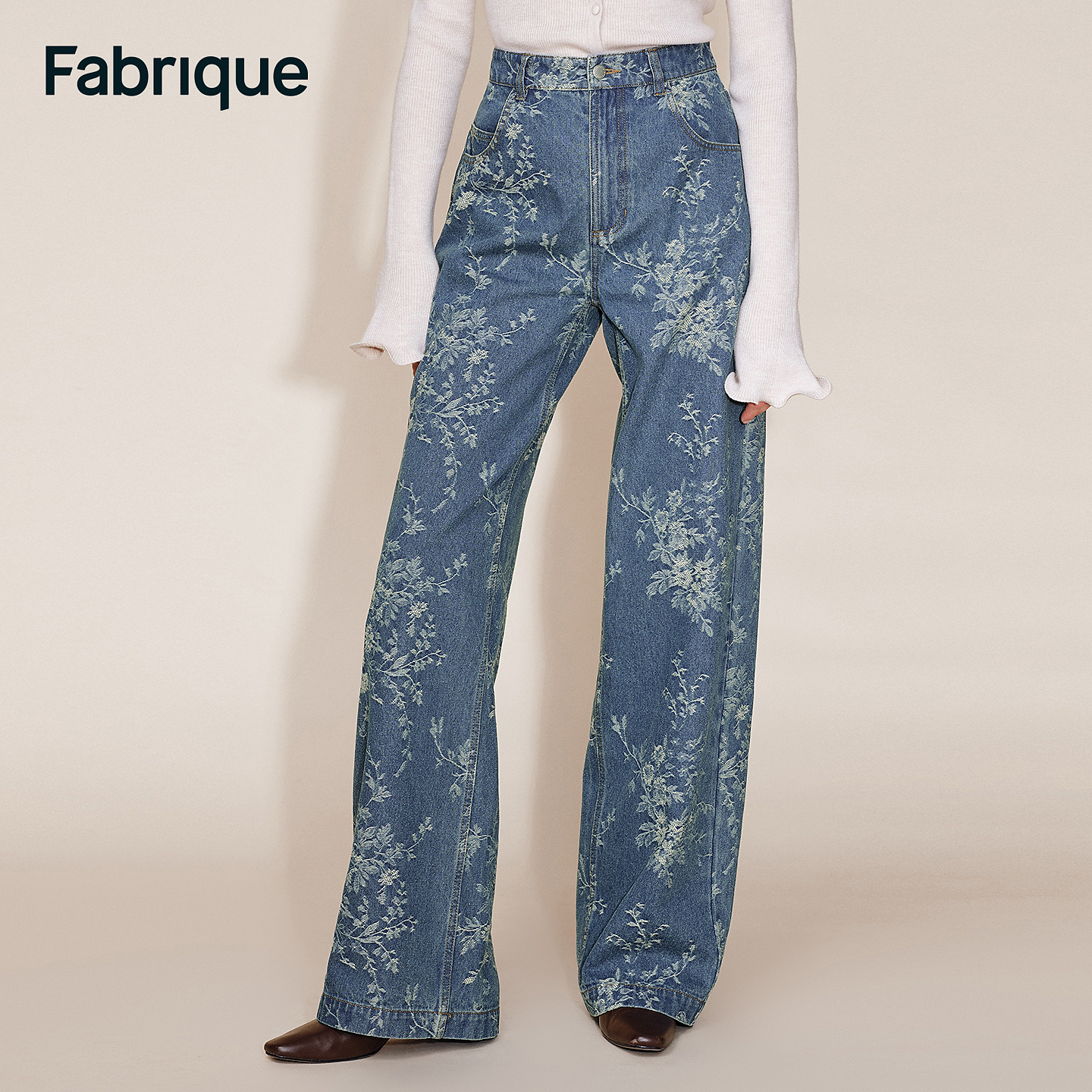Fabrique Jules 早春新品水洗蓝重工花卉提花直筒休闲阔腿牛仔裤