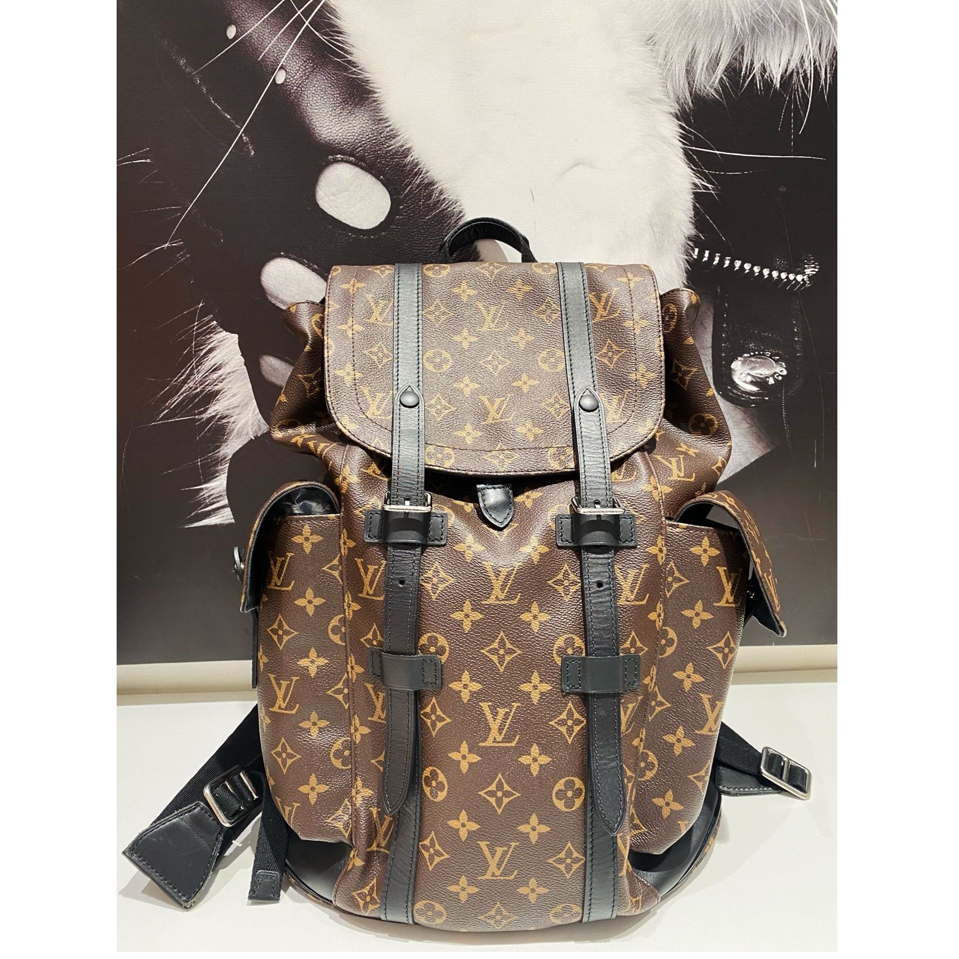 99新 LouisVuitton/路易威登 棕色老花双肩包 8084