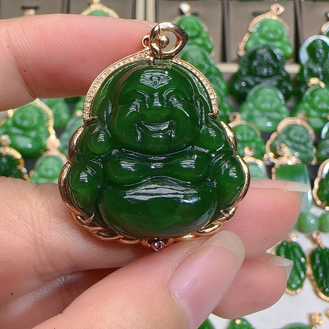 和田玉（碧玉）吊坠(不含链)18K金镶嵌