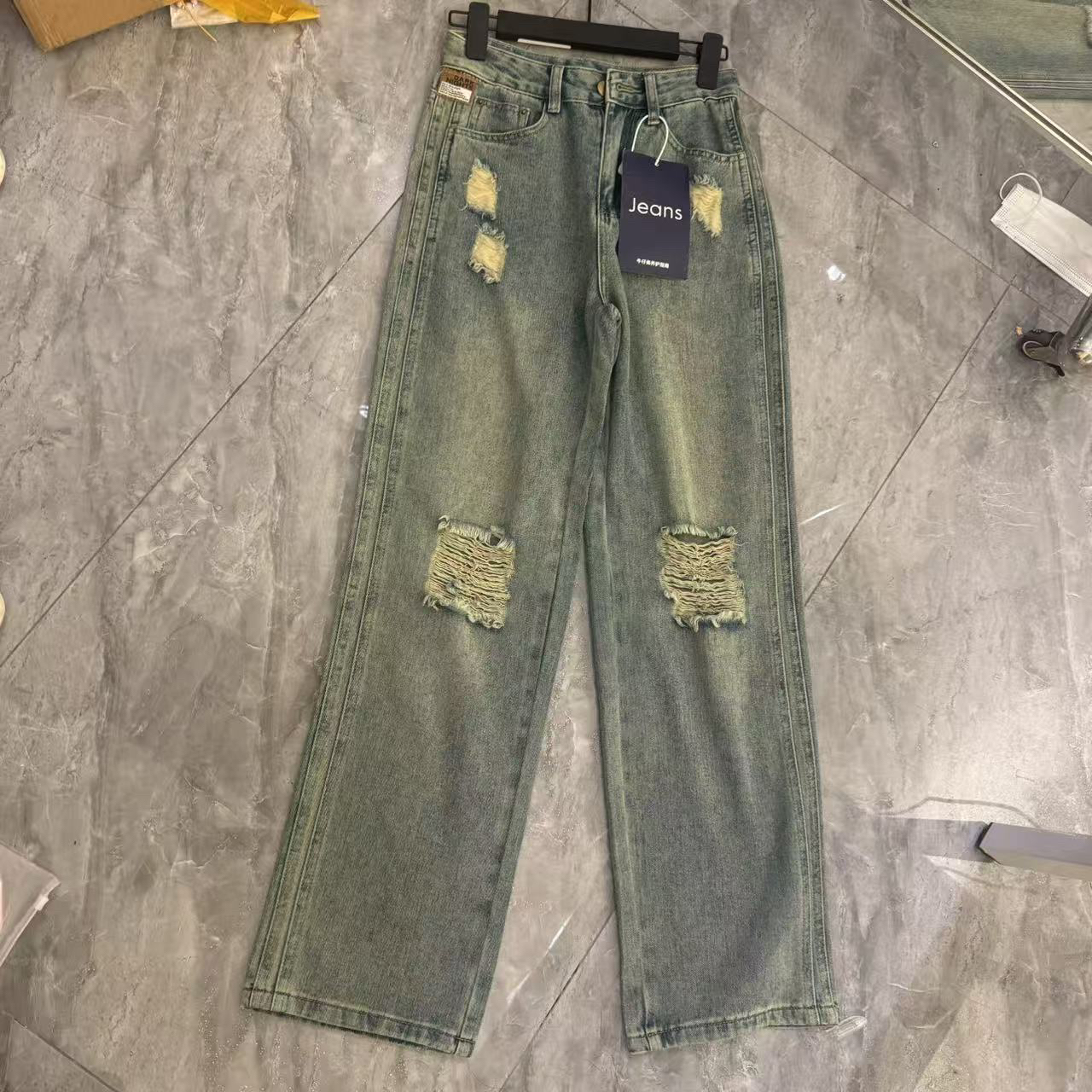小个子复古蓝破洞阔腿拖地牛仔裤宽松慵懒显瘦高腰直筒女