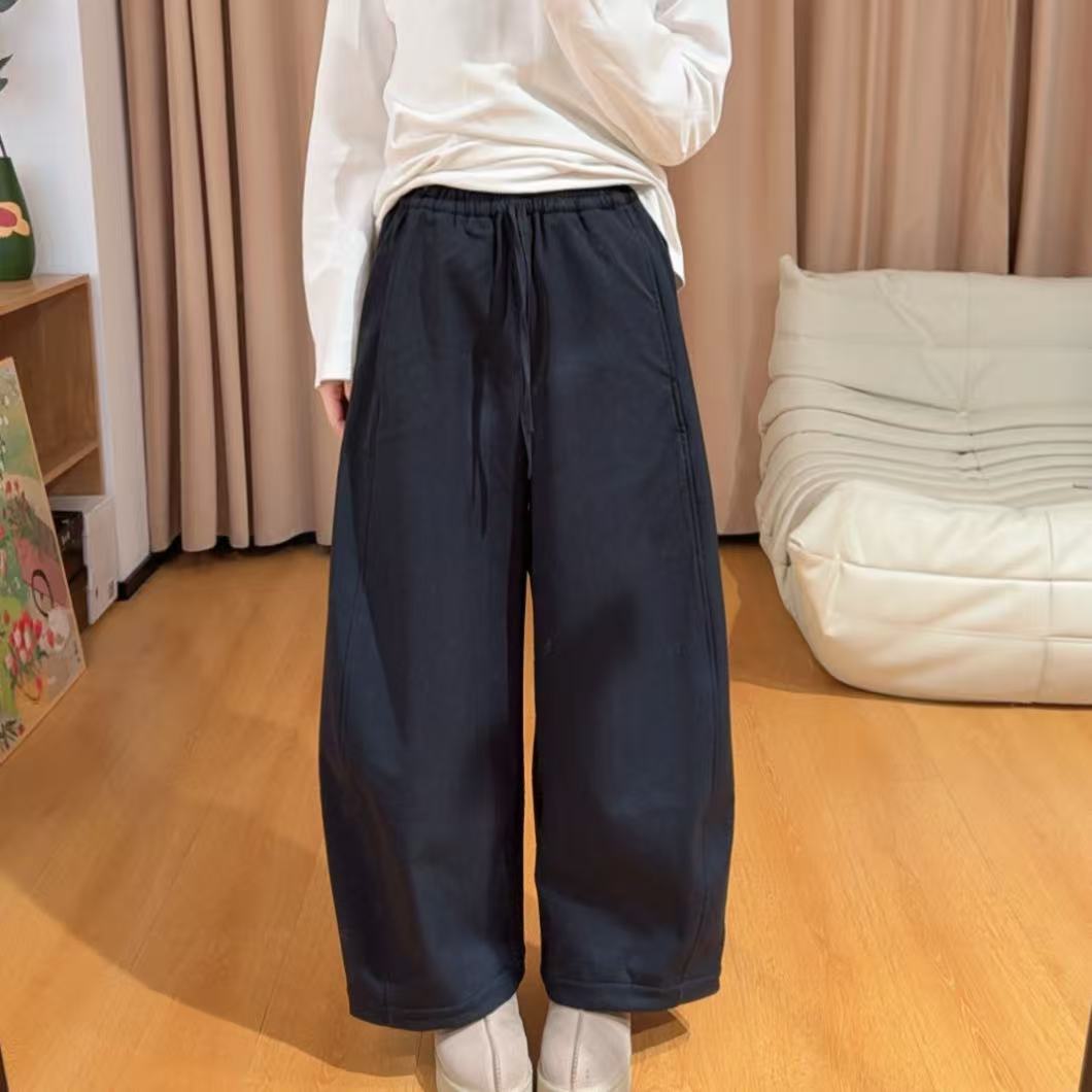 13687余小鱼【初心裤】藏青色松紧腰抽绳时尚加绒九分休闲裤女装