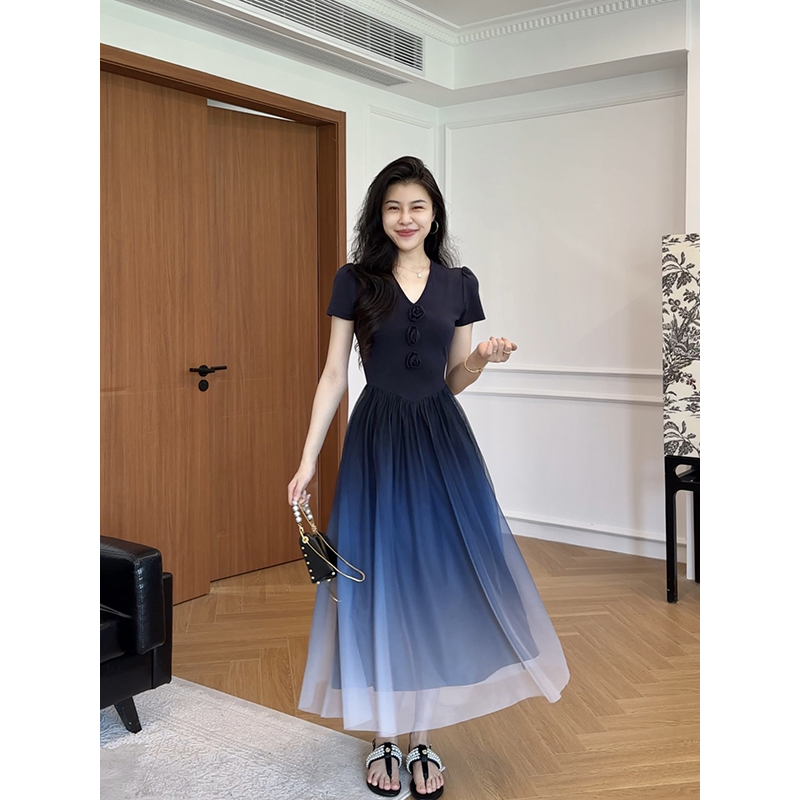 张阿星【蓝色妖姬】渐变蓝冷艳美人法式收腰显瘦连衣裙W425Q09266