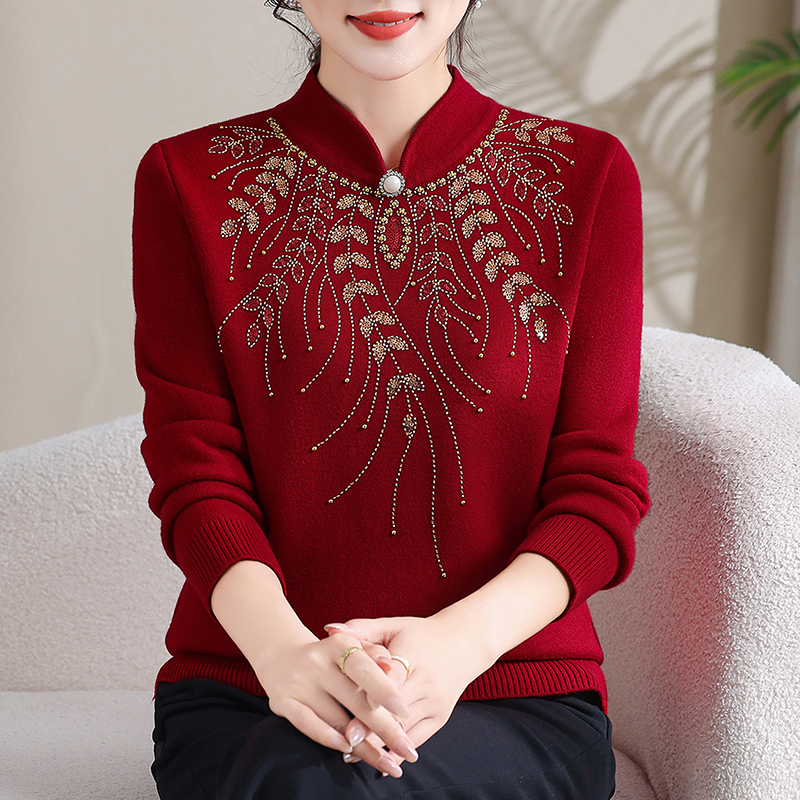 【加绒】纯色轻奢风旗袍领碎花中老年女装毛衣秋冬女装加厚打底衫