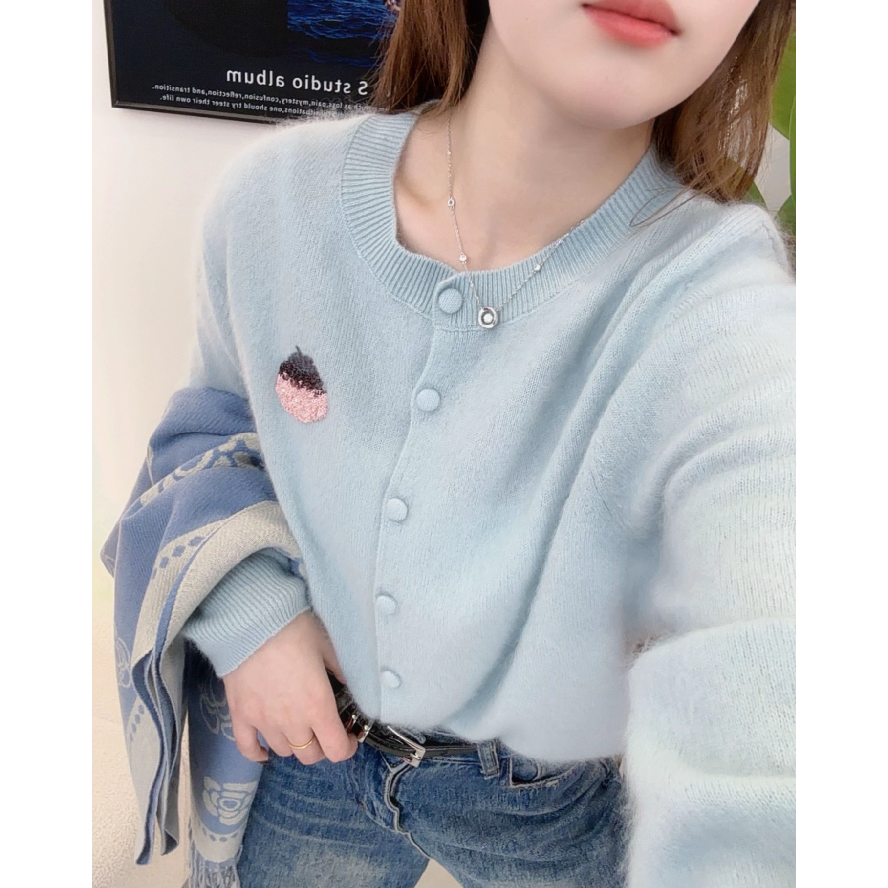 25冬季爆款 羊绒羊毛拉绒珠片绣花菠萝开衫-6651