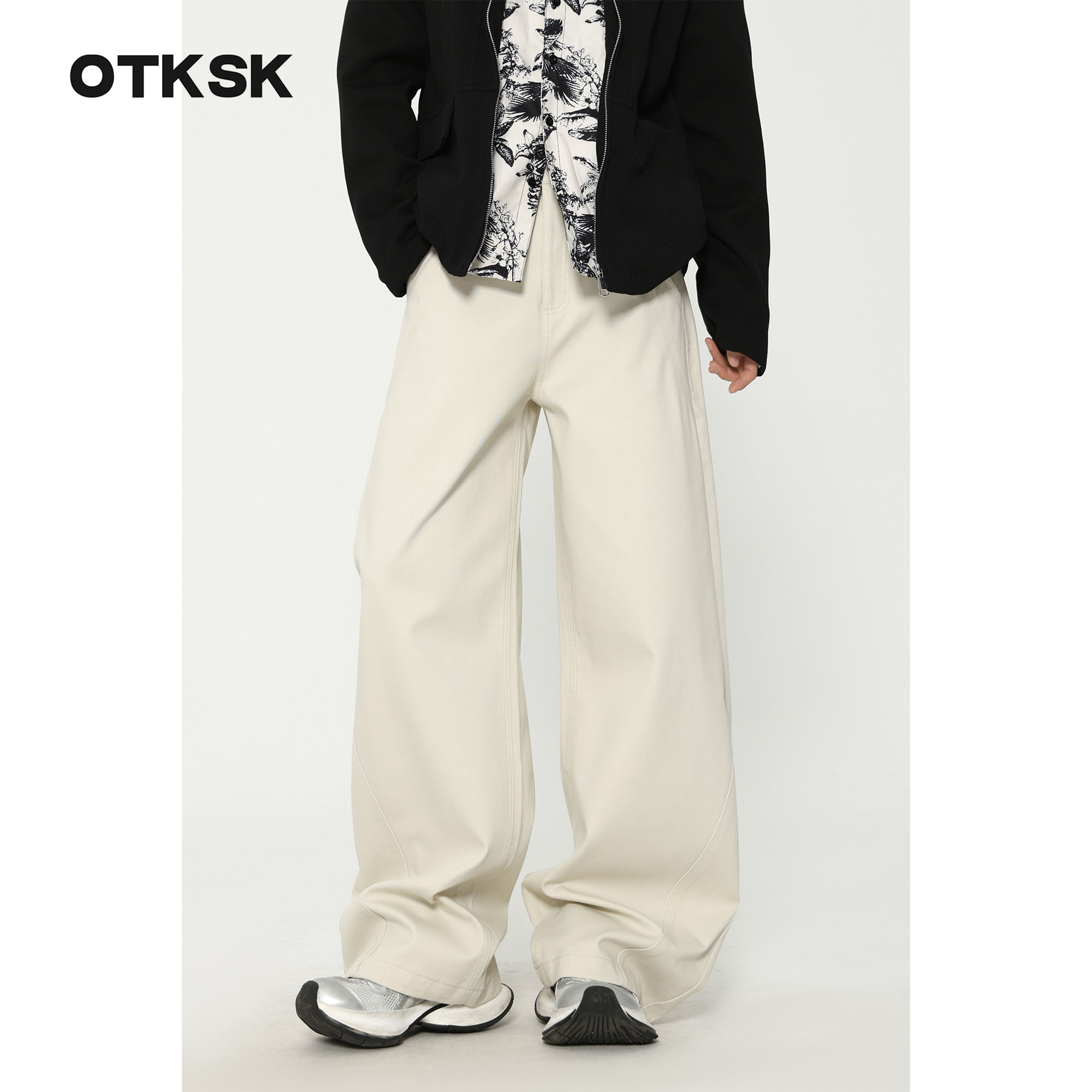 otksk美式米白色弯刀牛仔裤冬季宽松百搭直筒阔腿高街长裤CK6870
