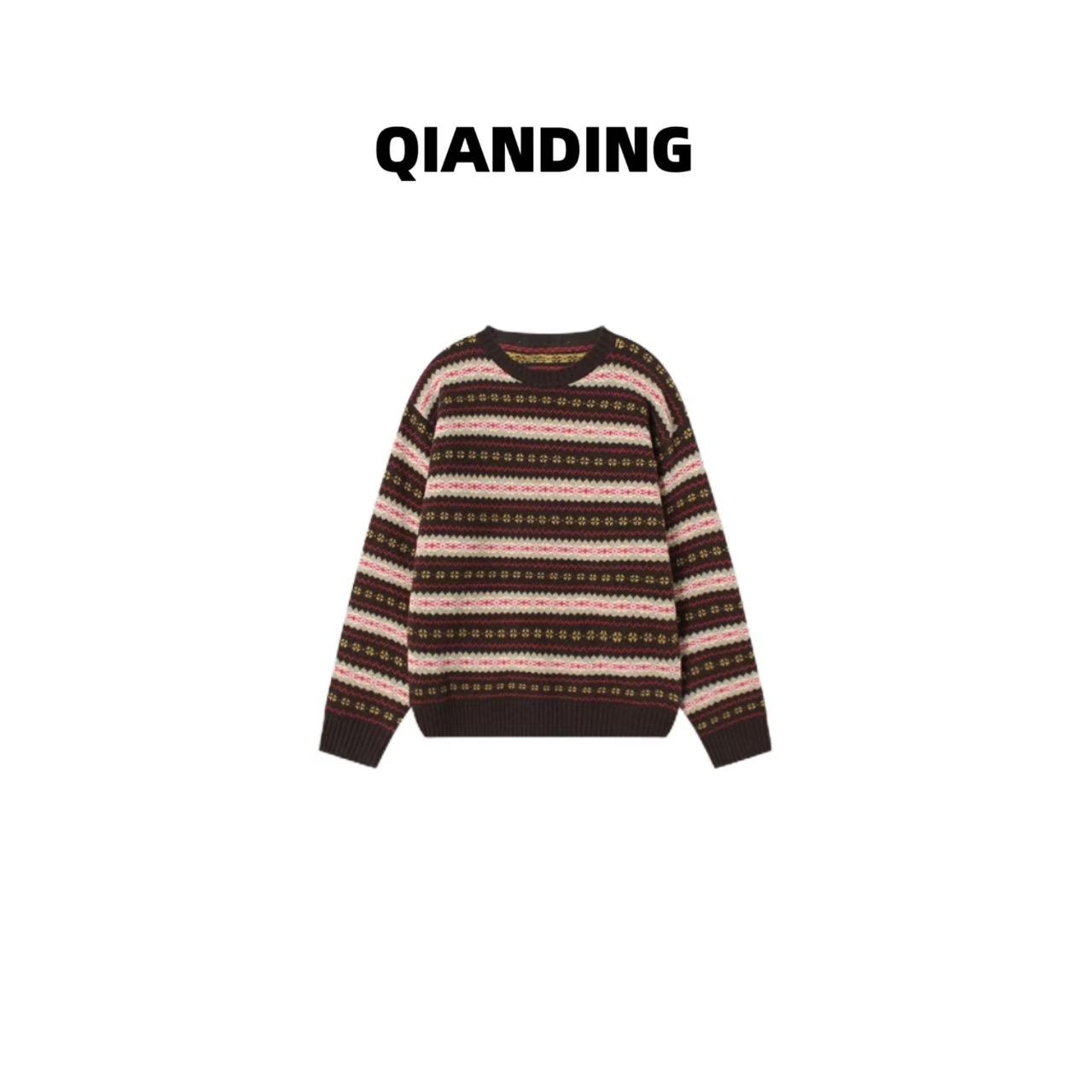 【QIANDING】【棕调费尔岛毛衣】撞色提花针织254534