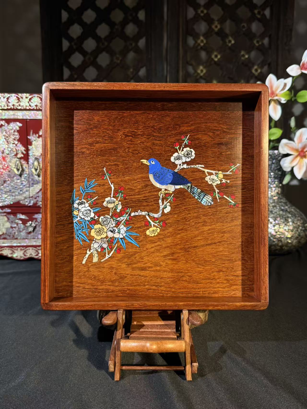 HM227原木原色方形眉梢寄喜收纳盘中式文承盘摆件尺寸：26*26*4cm