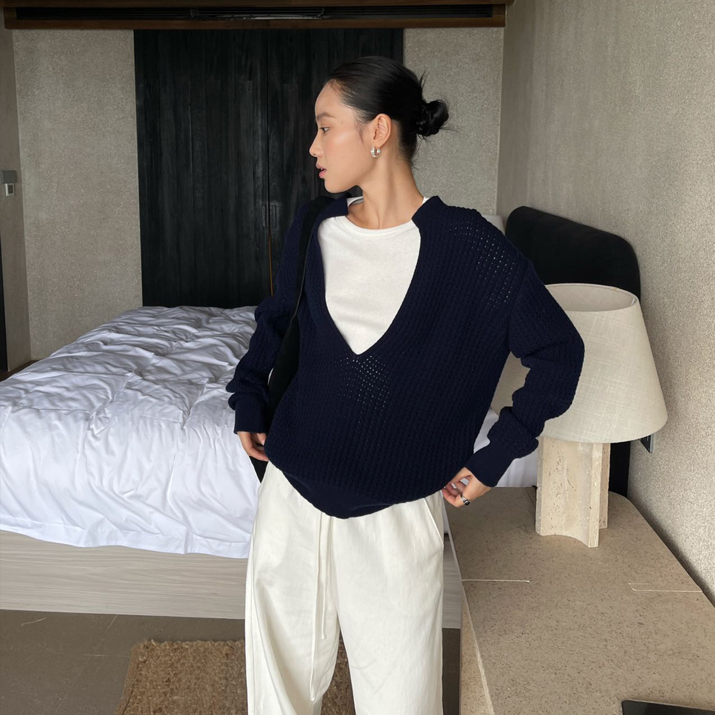 PURITY YH小众简约时尚款式长袖上衣U领针织罩衫洋气百搭外穿内搭