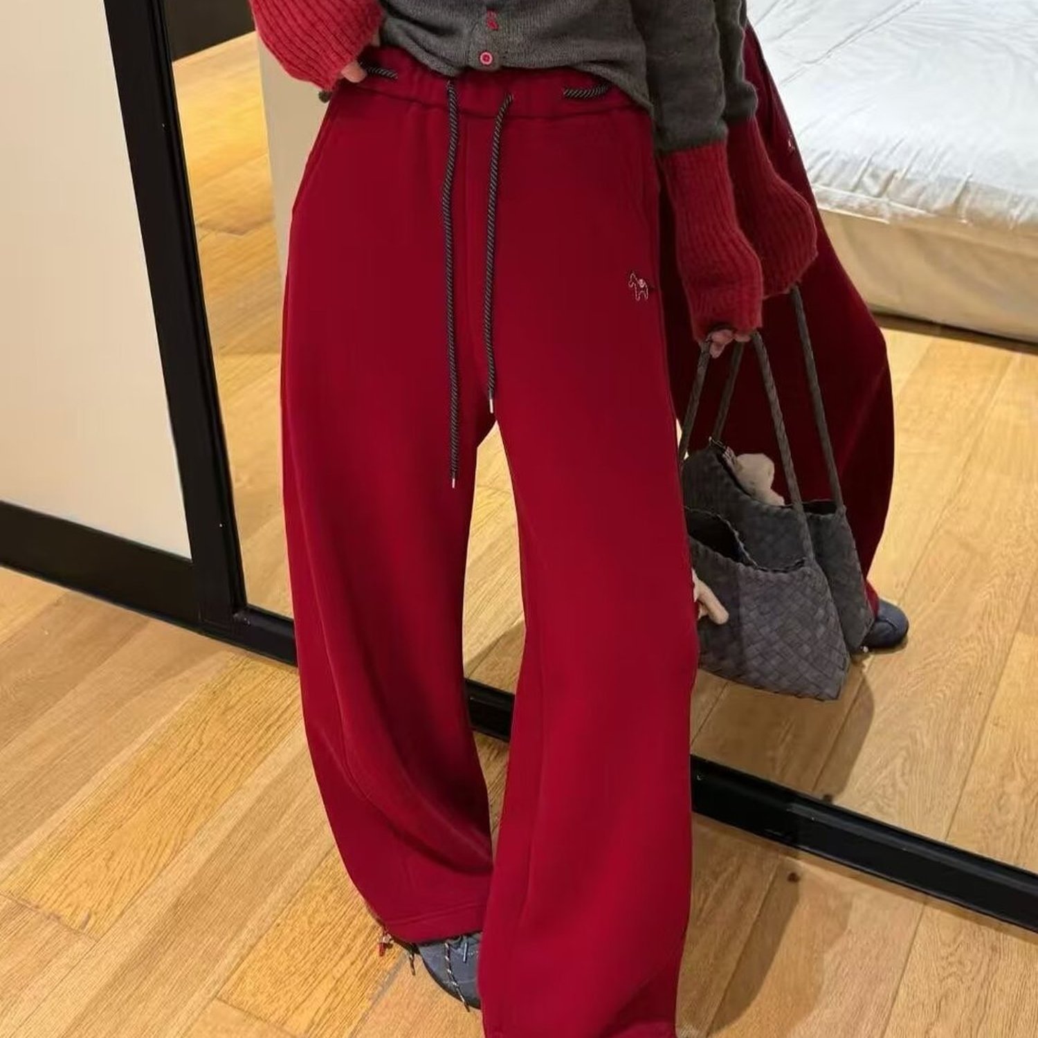 小雅姐姐 刺绣小马抽绳松紧腰垂感显瘦运动休闲两穿卫裤KI01