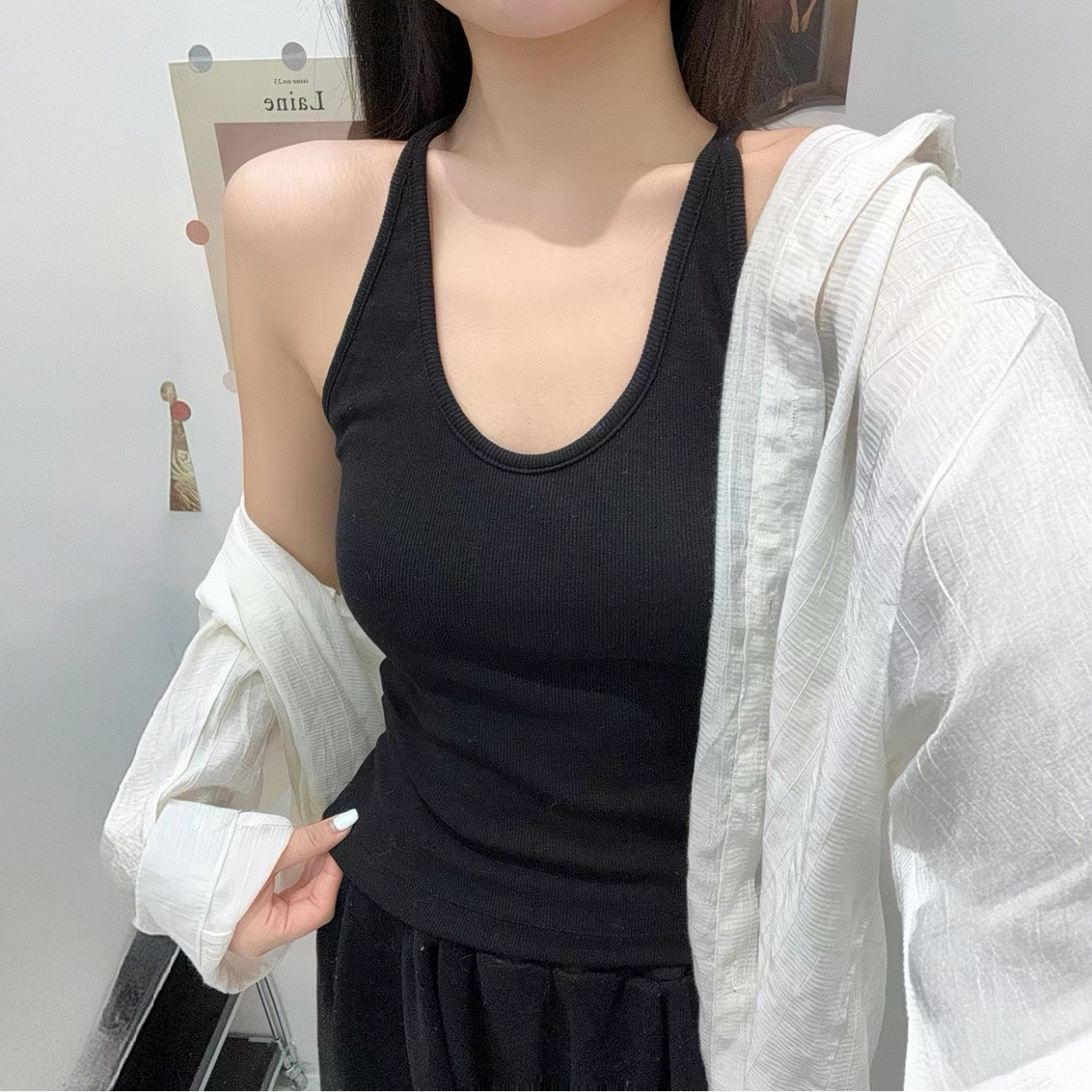 新款大码2037螺纹棉吊带背心秋季落日黑色长款美背上衣