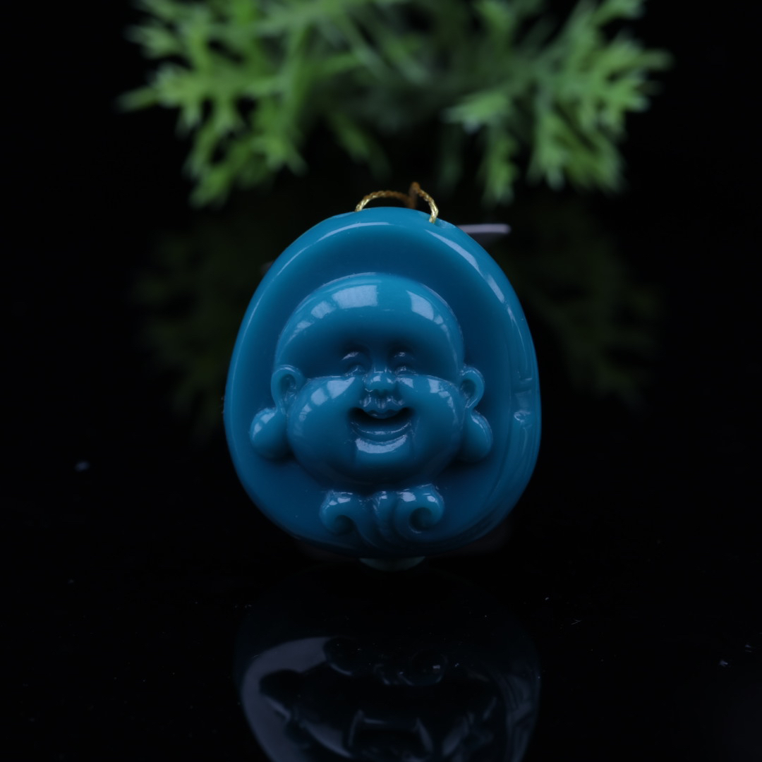 原矿纯天然绿松石高瓷高蓝精品弥勒佛牌子吊坠