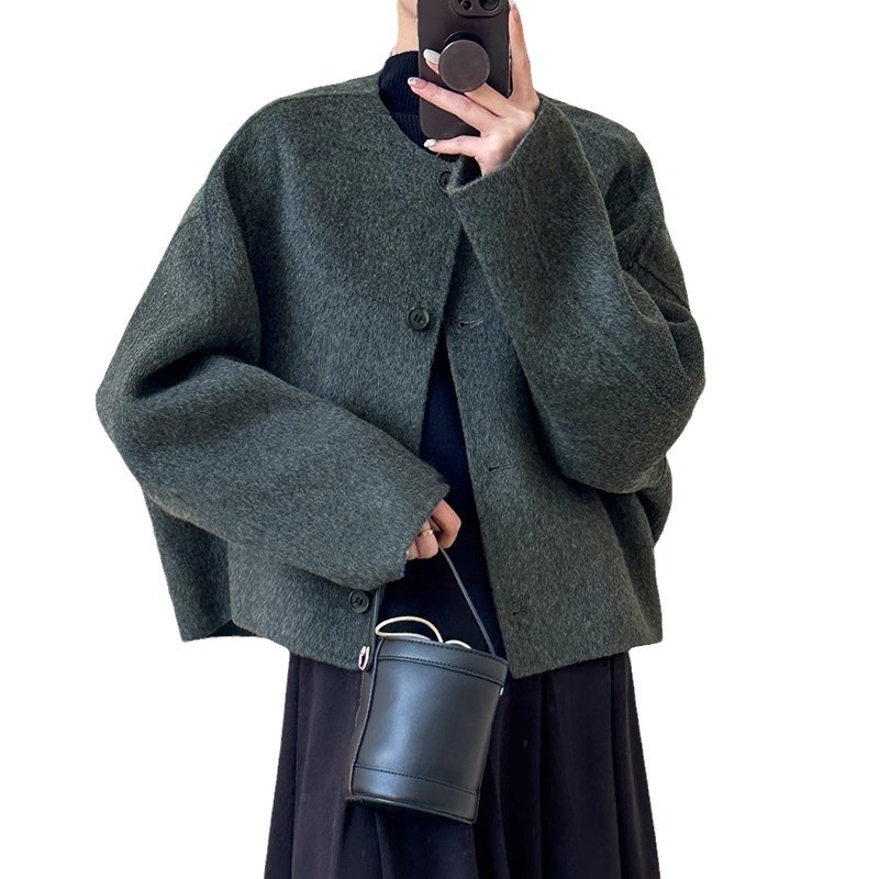 新款羊毛廓版羊绒加厚大袖子外套保暖双面长毛双面小个子大衣短款