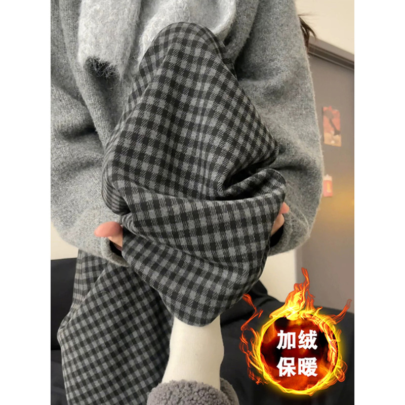 孕妇裤黑灰色加绒保暖格子裤子秋冬2025新款直筒显瘦宽松阔腿裤子