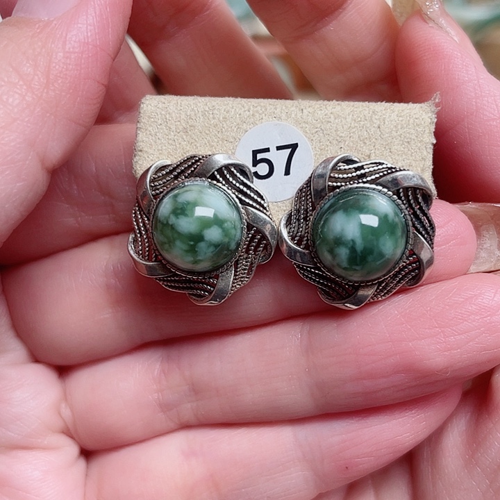 透闪石-蛇纹石玉耳钉银S925镶嵌