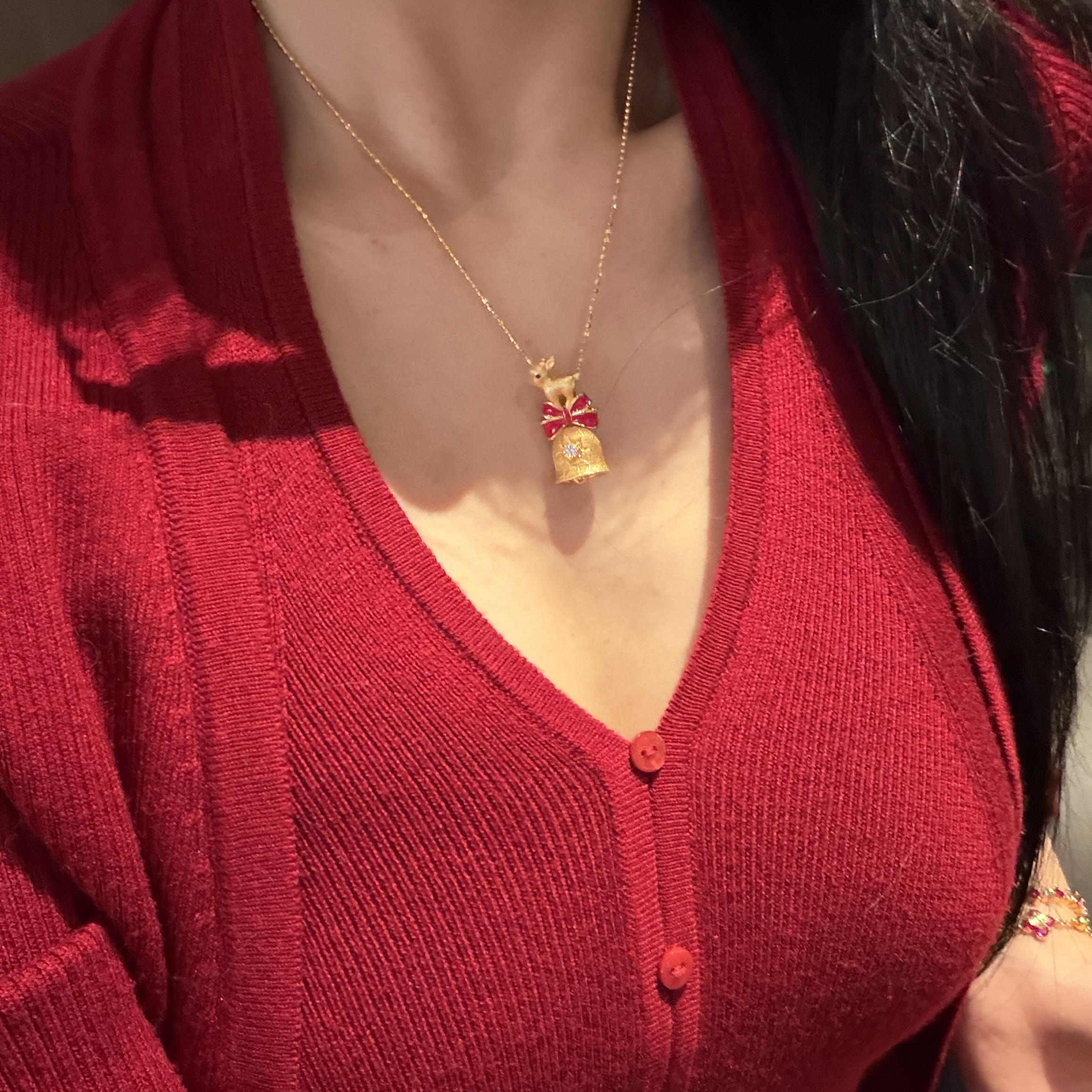 铜合金项链 高定重工款圣诞小鹿铃铛项链