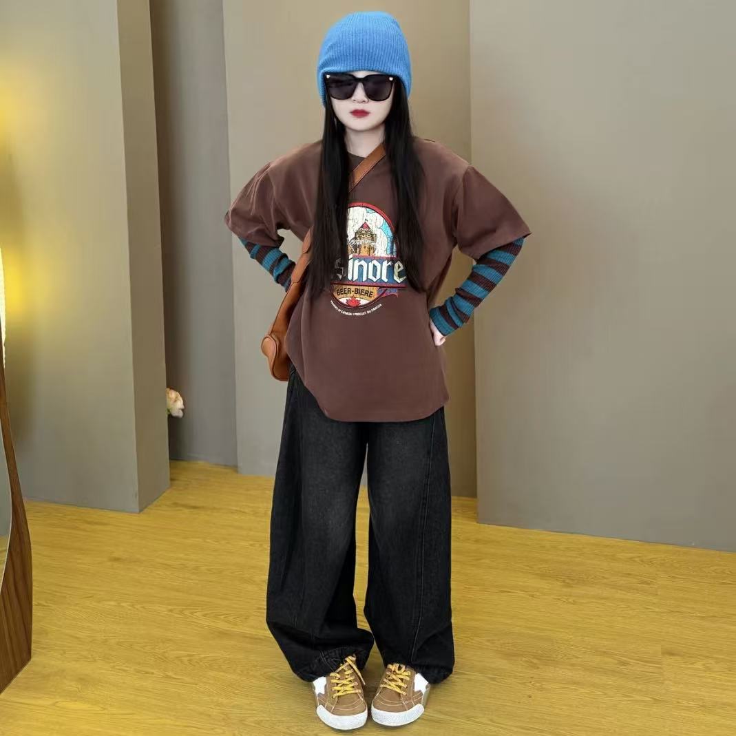 女童春秋季2025新款儿童韩版洋气时尚假两件打底衫牛仔裤两件套潮
