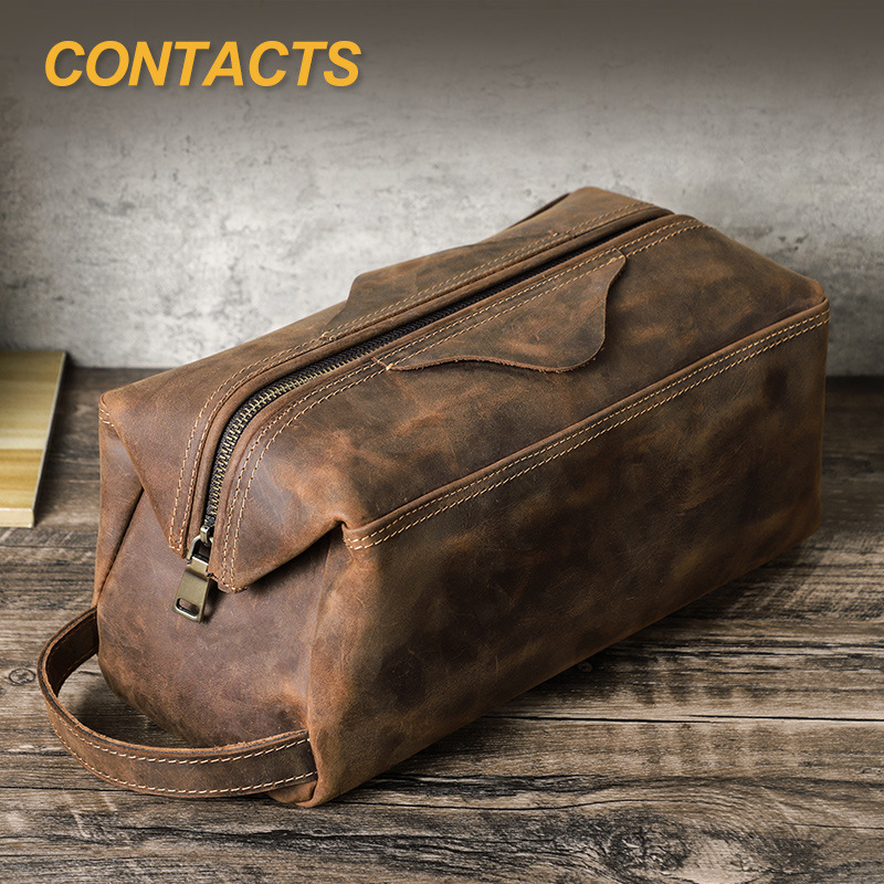 黑天使复古疯马皮大容量洗漱包旅行便携真皮手机数据线收纳包