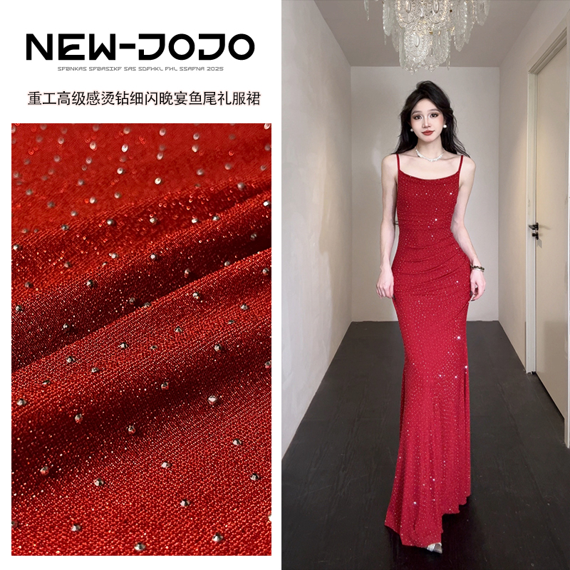 F042/1222【热烈红裙】高级烫钻吊带连衣裙修身高弹晚宴鱼尾长裙女