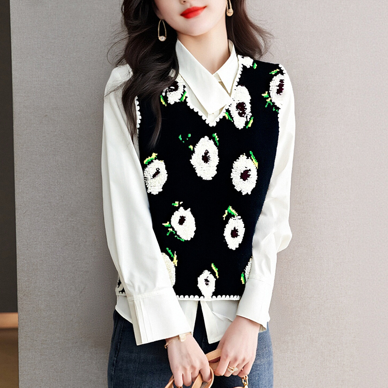 55852秋季叠穿套装上衣女针织马甲背心长袖白色衬衫上装两件套装