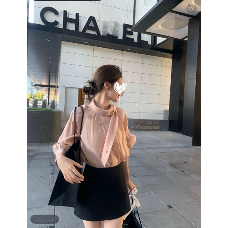 【花开富贵】韩系一字飘带领系扣粉色气质长袖衬衫女小个子甜美风