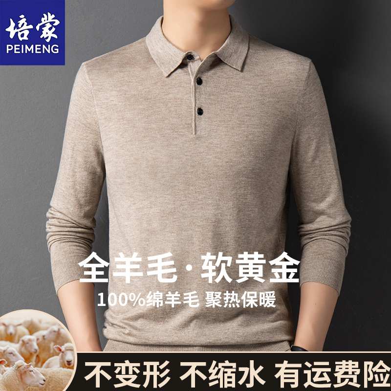 培蒙100%绵羊毛冬季男士羊毛衫翻领纯色休闲商务针织保暖毛衣男装